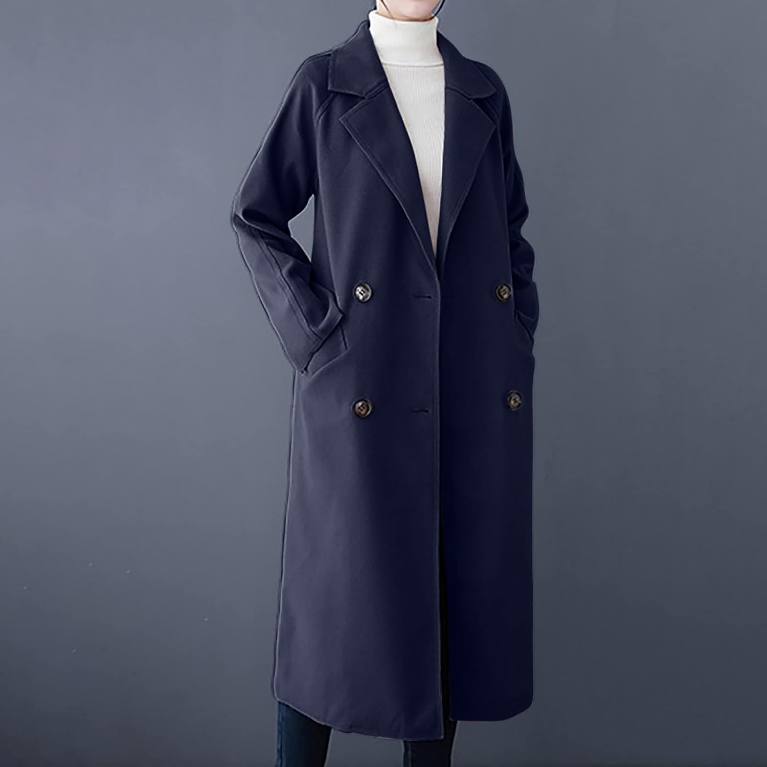 XUNRYAN Women's Trench Coat Long Sleeve Jackets Fashion Winter Fall Casual Double Breasted Peacoat Maxi Long Coat Outerwear