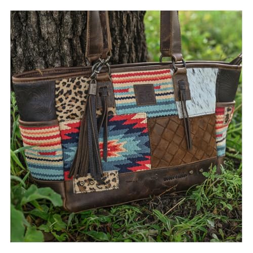 Image of STS Ranchwear Women's Genuine Leather /Cowhide /Cotton Blend Chaynee Mountain Tote Bag With Dual Leather Carry Handles w /Accents & Fringe