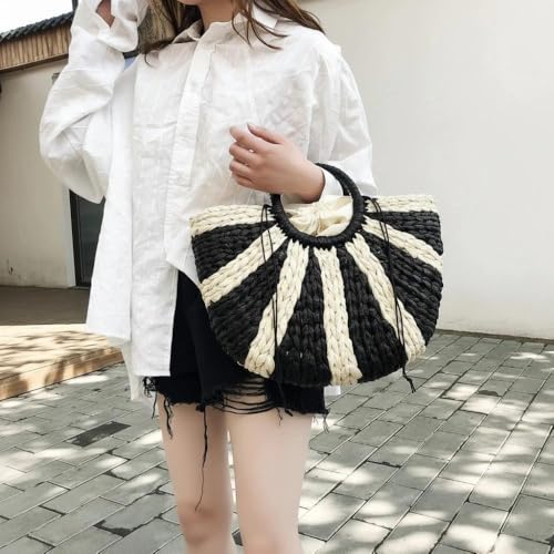 Bolso redondo retro de paja trenzada azul y beige miniatura 3