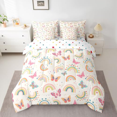 Image of Cartoon Butterflies 7 Pieces Bedding Set Queen Size,Kids Cute Rainbow Bed in a Bag,Kawaii Wildlife Bed Set Includes Comforter,Sheet Set,Pillowcases & Pillow Covers,Flying Butterfly Bedroom Decor