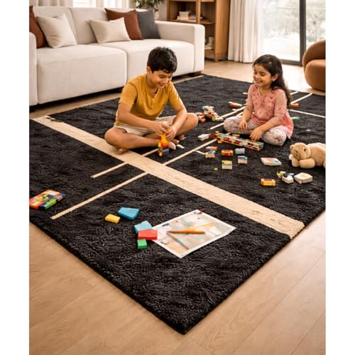 Image of 1.5x4 feet Shaggy Polyester Abstract Modern Area Rug - 2 Inch High Pile Ultra Soft Plush Carpet for Living Room, Bedroom & Kids Room, Thick Fluffy Rug for Indian Home Decor C - Rectangular