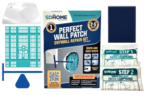 Drywall Repair Kit by SD Home, Fix Large Holes Fast, Wall Plate, 2 Patch Dry Compound Bags, Sanding Block & Trowel, Perfect Drywall Hole Patch Solution, Quick & Easy Filler, Wall Putty, Spackle Paste