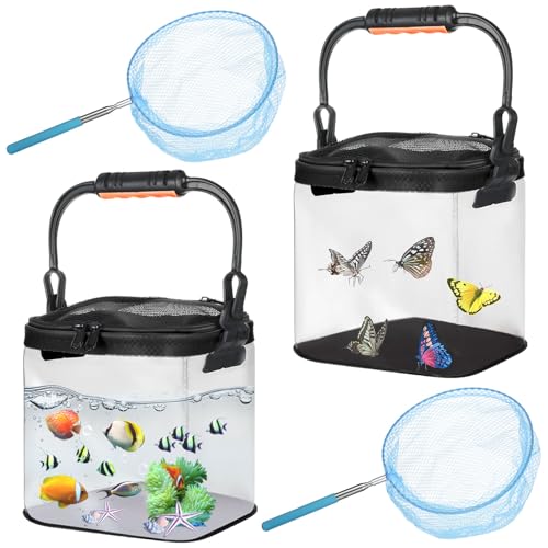 2 Sets Catch Plastic Beach Aquarium Kit Release Aquarium Box for Beach with Retractable Net Bag and Transparent Portable HandheldBlack