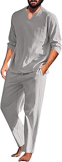 DDDHL Conjunto masculino de algodão de smoking, camisa Henley, manga comprida e calça casual de praia, roupas de verão e ioga, Cinza, XG
