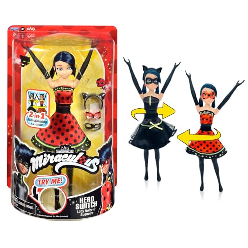 BANDAI - Miraculous - Verwandlungspuppe Ladybug - 26 cm Puppe, die Sich in Lady Noire und Bug Noire verwandelt - Spielzeug Bewegliche Puppe mit 2 Outfits - Spielzeug für Kinder ab 4 Jahren - P50414