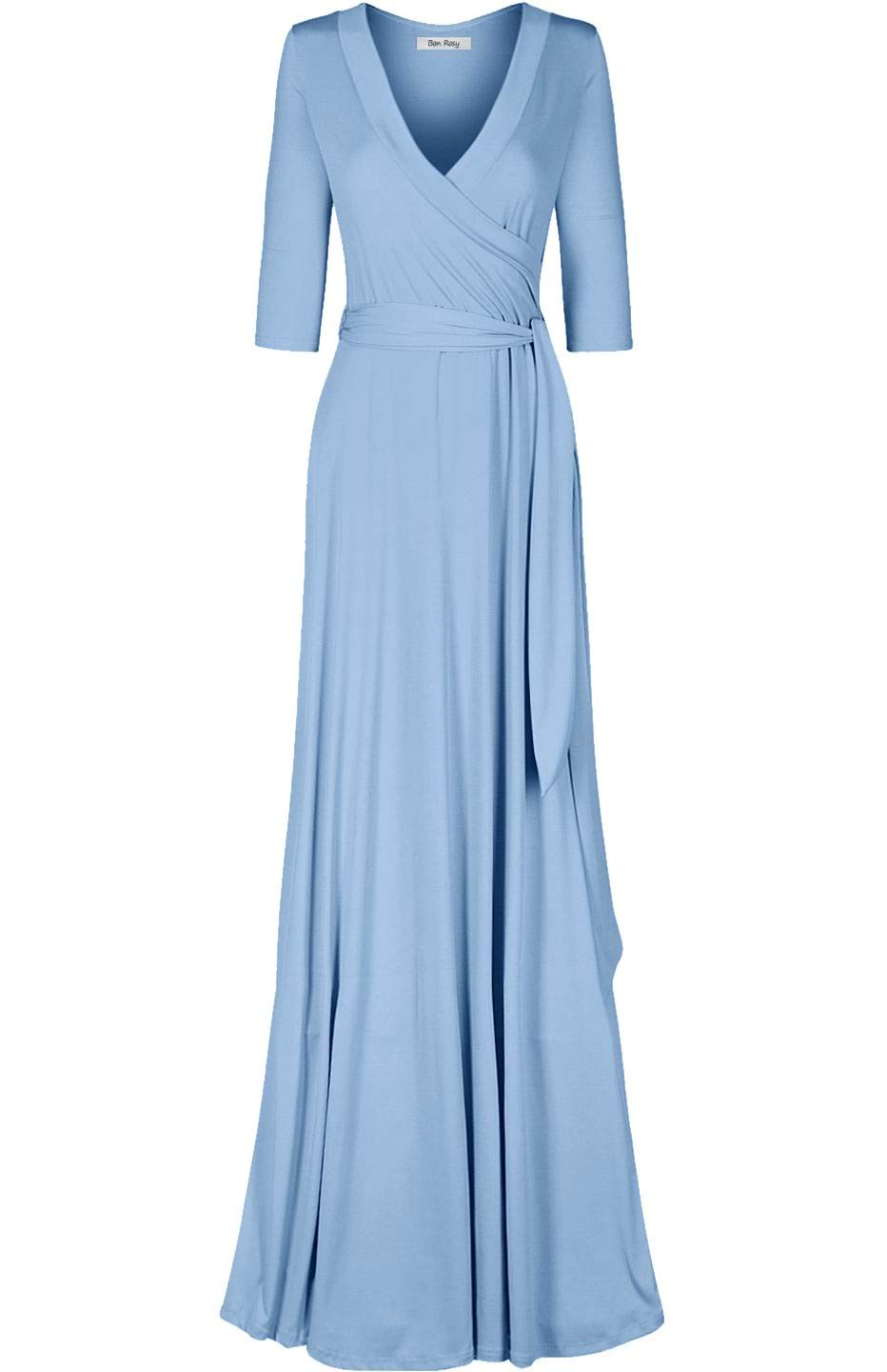 Women's 3/4 Sleeve Deep V-Neck Maxi Faux Wrap Solid Plus Size Dress