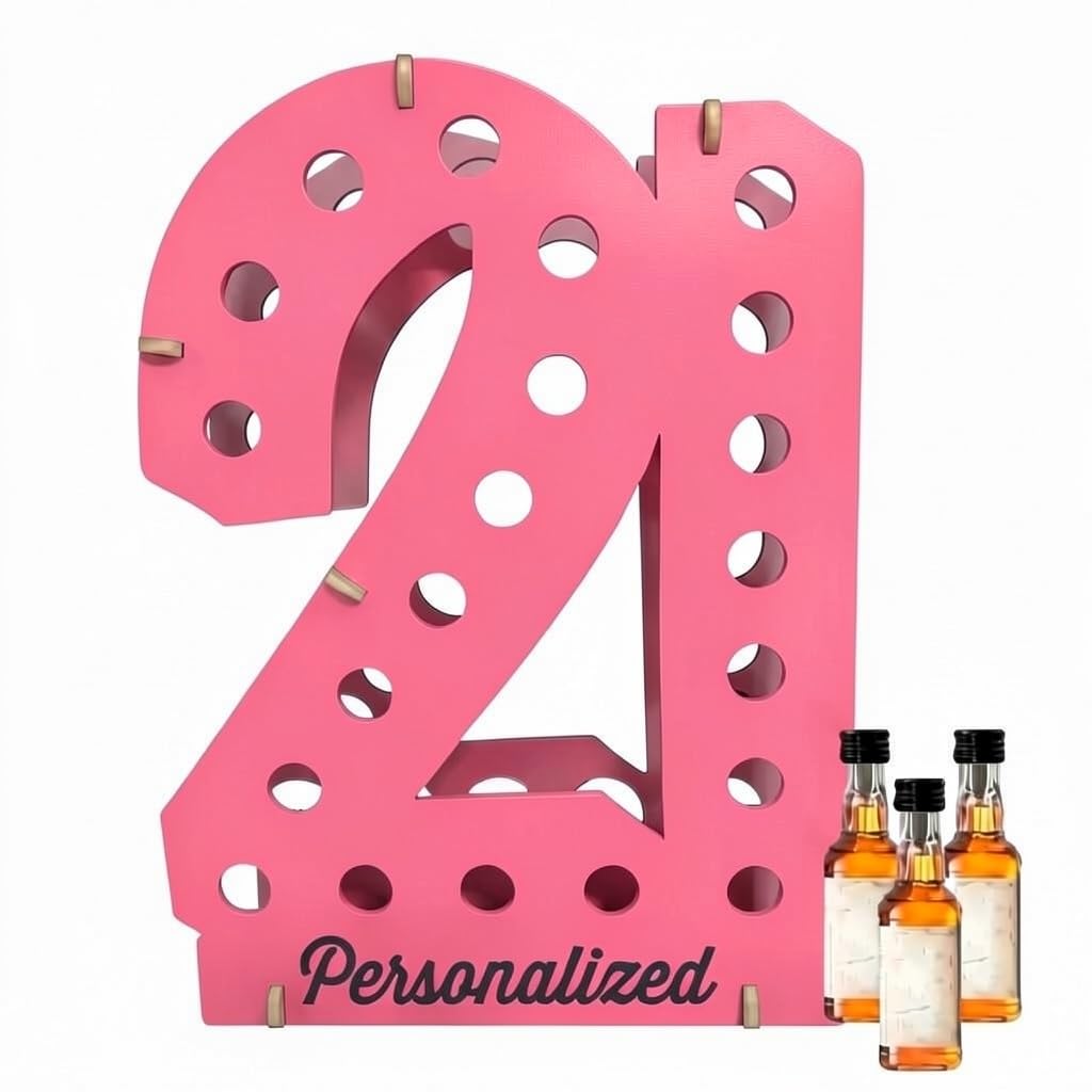Lumber Reveal USA | Pink Personalized Mini Liquor Bottle Display | 21st Birthday Decorations | Holds 21 Shooter Bottles | Unique 21st Birthday Gifts | 4 Colors | Glam Finish Options