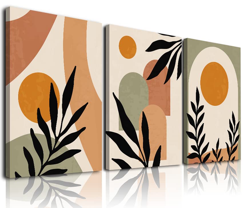 Boho Wall Art Set of 3, Boho Room Decor, Mid-Century Modern Wall Art Prints, Framed Neutral Abstract Canvas Prints Orange Beige Green Sun Leaf Minimalist Artwork 12" X 16" Ready To Hang for Bathroom