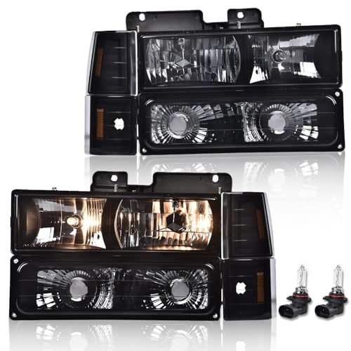 Image of GRAND ORANGE Headlights Assembly Compatible with GMC Sierra C /K Yukon 1500 2500 1994 1995 1996 1997 1998, Fit Chevy C /K C10 Suburban 15034929 Corner Lamp Smoky lens Black Housing Amber Reflector