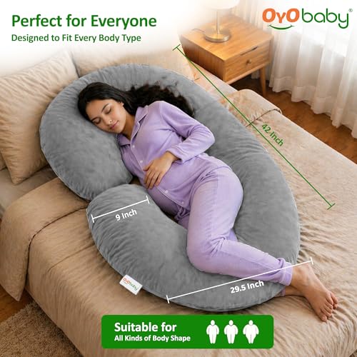 Image of OYO BABY C-Shaped Pregnancy Pillow for Women | Full Body Maternity Support Pillow for Sleeping | Side Sleeper Pillow for Back, Belly, Hips & Legs | Soft Velvet Cover, Removable & Washable (Light Grey)