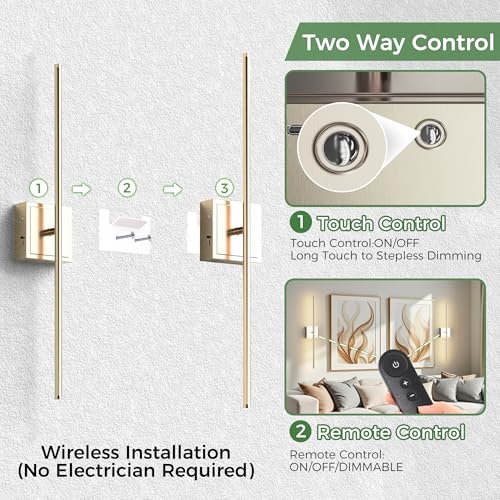 Image of DORESshop Battery Operated Wall Sconces Set of 2, Dimmable Battery Wall Sconce with Remote Control, Nickel 350Rotate Rechargeable Sconces, 28.1 Inch Wireless Wall Lights for Bedroom, Living Room
