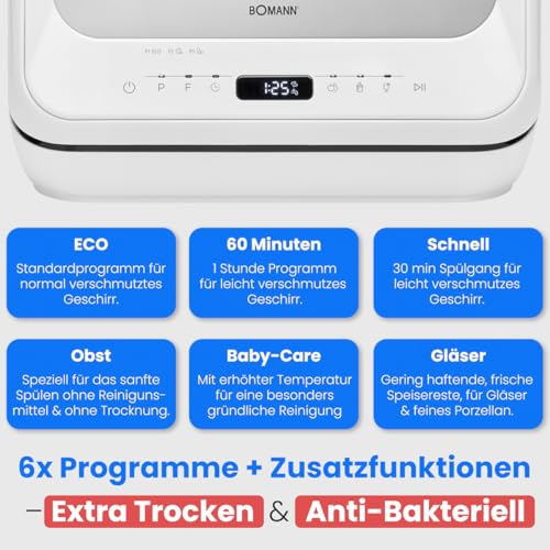 Bomann® Tischgeschirrspüler mit Tank | mit und ohne Wasseranschluss nutzbar | Mini Geschirrspüler leise | 36-70°C | 6 Programme | 42cm breit | Camping Spülmaschine | Mini Spülmaschine | TSG 5704