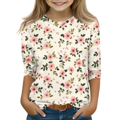 Teen Girl Tops 3/4 Sleeve Crew Neck Cute Shirts Graphic Blouses Elbow Sleeve Pullover Tops Fall Clothes 5-16 Years