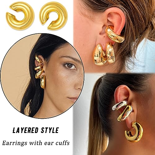 Ronglry-Chunky-Gold-Hoop-Earrings-and-Ear-Cuffs-for-Women-Non-Piercing-Hollow-Lightweight-Stainless-Steel-Thick-Open-Hoops-Earrings-with-18K-Gold-Plated-Chunky-Ear-Cuff-Hypoallergenic-Huggie-Clip-On-E