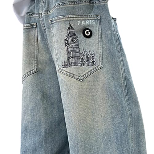 Tween Boys Straight Leg Jeans Elastic Waistband Loose Denim Pants with Building Pattern for Kids Clothes Boys3