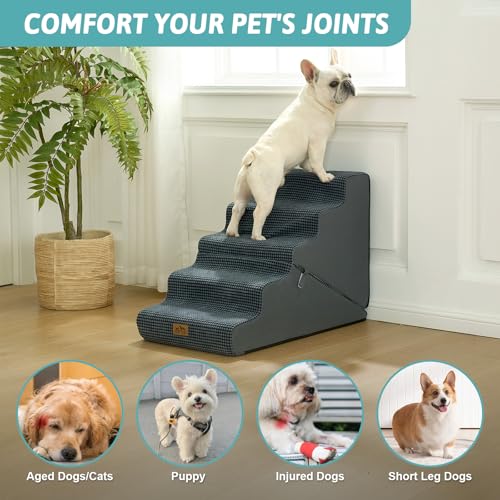 Image of COZY KISS Dog Stairs for Small Dogs, 3-Step 2-in-1 Dog Steps,22.4 inch H | 5-step dog stairs and ramps,Non-Slip Base,for Couch & Bed, Dark Grey