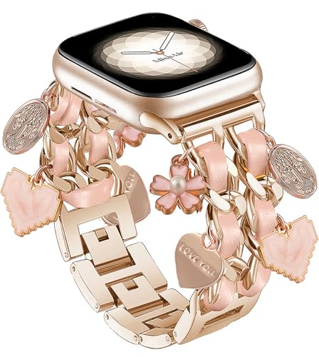 Bracelet Band with Cute Charm Compatible for Apple Watch 38mm 40mm 41mm 42mm (S11/10) Women, Cuban Chain Strap for iWatch Series 11 10 9 8 7 6 5 4 3 2 SE, Pink&Rose Gold - image 1