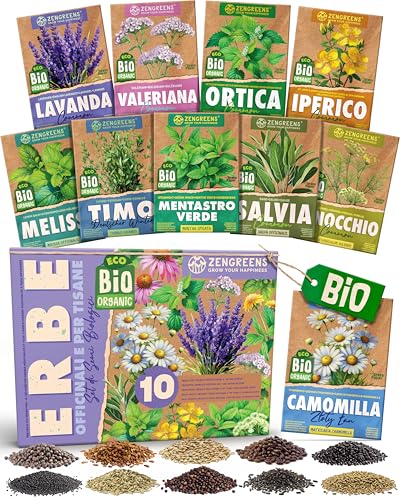 ZenGreens® - Set di Semi di Erbe Officinali e per Tisane bio (10 pezzi) - 10 Semi per Coltivazione Facile in Giardino, Balcone o Serra - Semi da Piantare - Sementi