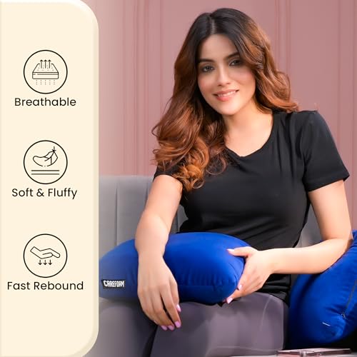Image of CareFoam Memory Foam Square Cushion for Car, Sofa /Diwan, Bed, Chair & Decoration | Highly Durable, Hypoallergenic | 14 inchx 14 inch x 4 inch | Velvet Cover | Blue, Pack of 5