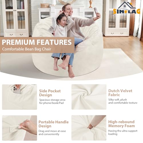 3FT Bean Bag Chair, Comfy Bean Bag Chairs with Memory Foam Filled, Fluffy Beanbag Sofa with Dutch Velvet Cover, Round BeanBag Chairs for Living Room, Playroom - Beige