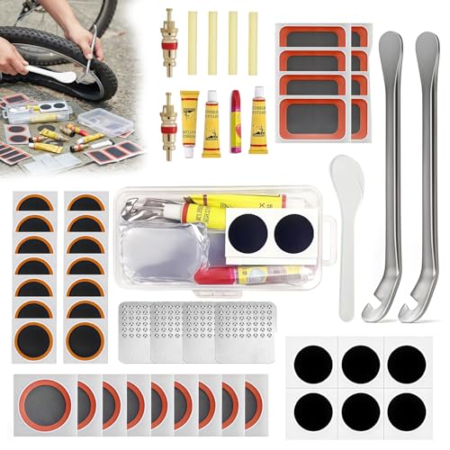 56 Stück Fahrrad Reifen Flickzeug Set – Komplettes Reifenreparaturset mit Selbstklebenden & Kleber-Flicken,Reifenhebern,Ventilkernen und Aufbewahrungsbox,Tragbares Flickset für MTB,Rennrad,BMX&E-Bike