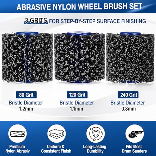 Image of Tondiamo 3 Pcs Abrasive Nylon Drawing Wheel Set, 80 Grit+120 Grit+240 Grit, Surface Conditioning Tool Drum for Wood Furniture Floor Burnishing Polishing Tool for Metal Polishing Paint Rust Oxidation