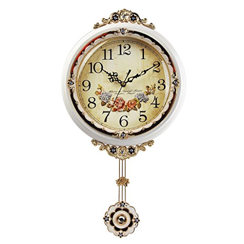 Wall Clock FHW European Style Wooden Pendulum 16 Inches Living Room Silent American Decoration Fashion Creative Quartz Clock Diameter 40.5cm (Color : White)