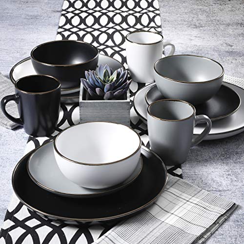 Gibson Home 127318.16R Rockaway Round Stoneware Dinnerware Set, Service For 4 (16Pcs), Matte White/Metallic Rim thumb #6