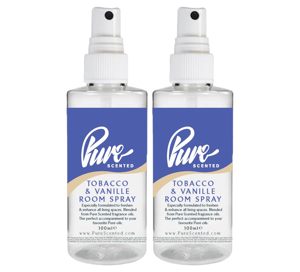 "Pure Scented 200ml Room & Fabric Sprays 2 x 100ml Suitable For Home, Car, Caravan, Work, Gym Bags, Odour Eliminators (2 x 100ml, Tobacco & Vanille)"