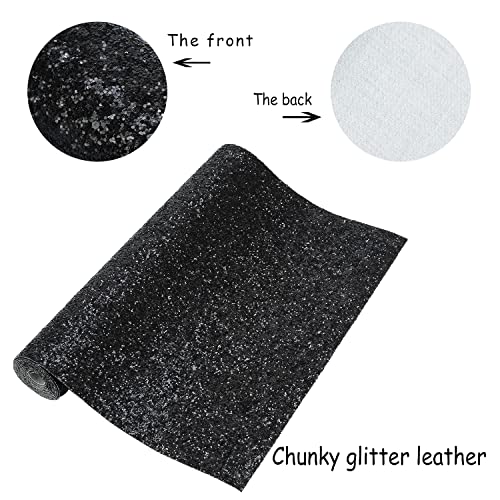 Image of Black Chunky Glitter Fabric Roll 12 x 52 inch Shiny Solid Color Halloween Faux Leather for Making Bows Earrings Crafts (16013#1)