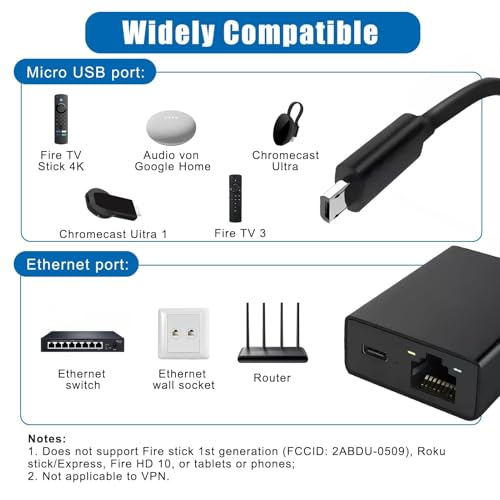 Image of Ethernet Adapter for Fire TV Stick, Firestick Micro USB to RJ45 Ethernet Network Adapter Compatible with Chromecast Google Home Mini, 4K Fire TV and More Streaming Sticks