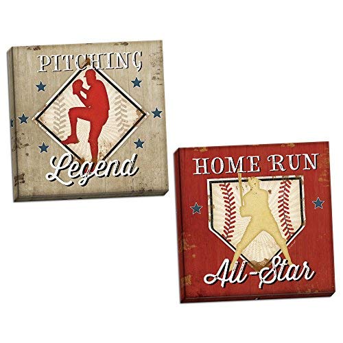 Leoner22art Sagebrush Fine Art Distressed Sports Baseball Pitching Legend and Home Run All Star Set (Printed on Canvas, Not Wood), Two 8x10 inches Wood Stretched Canvas