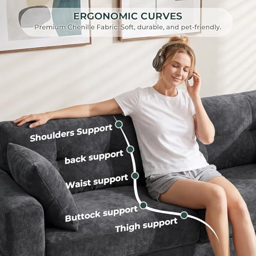 Image of 87 inch Loveseat Sofa for Living Room, Modern Chenille Cloud Couch with USB /Type-C Charging Ports, Side Pockets, Removable Cover, Wide Armrests, Small Couch for Small Space, Easy Assembly, Grey