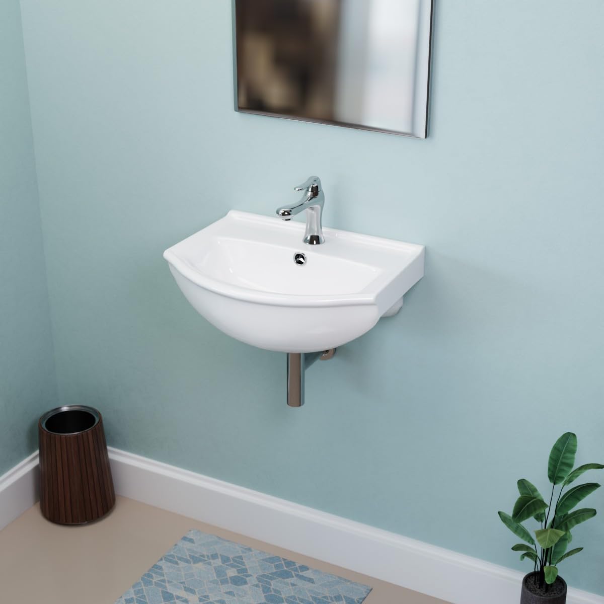Tahoe - Fregadero de baño pequeño de montaje en pared, de 17.7 in, de cerámica, color blanco, con arco de pared, fregadero flotante con desbordamiento y agujero de 2