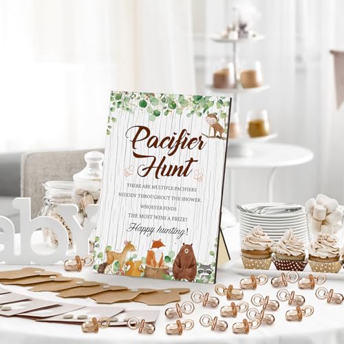 Image of Thyle 51 Pcs Woodland Animals Pacifier Hunt Baby Shower Games Forest Animal Baby Shower Game Decoration Include Hunt Sign and Acrylic Pacifiers Woodland Themed Gift Sets for Gender Reveal Party Decor