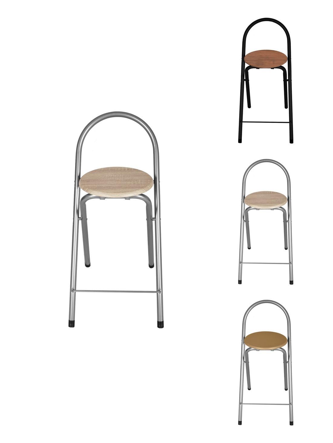 JARDIN202 - Taburete Plegable 80x40x45 cm - Elegante y Duradero en Negro y Plata con Reposapiés, Ideal para Cocina | Unidad (Plata/Haya)