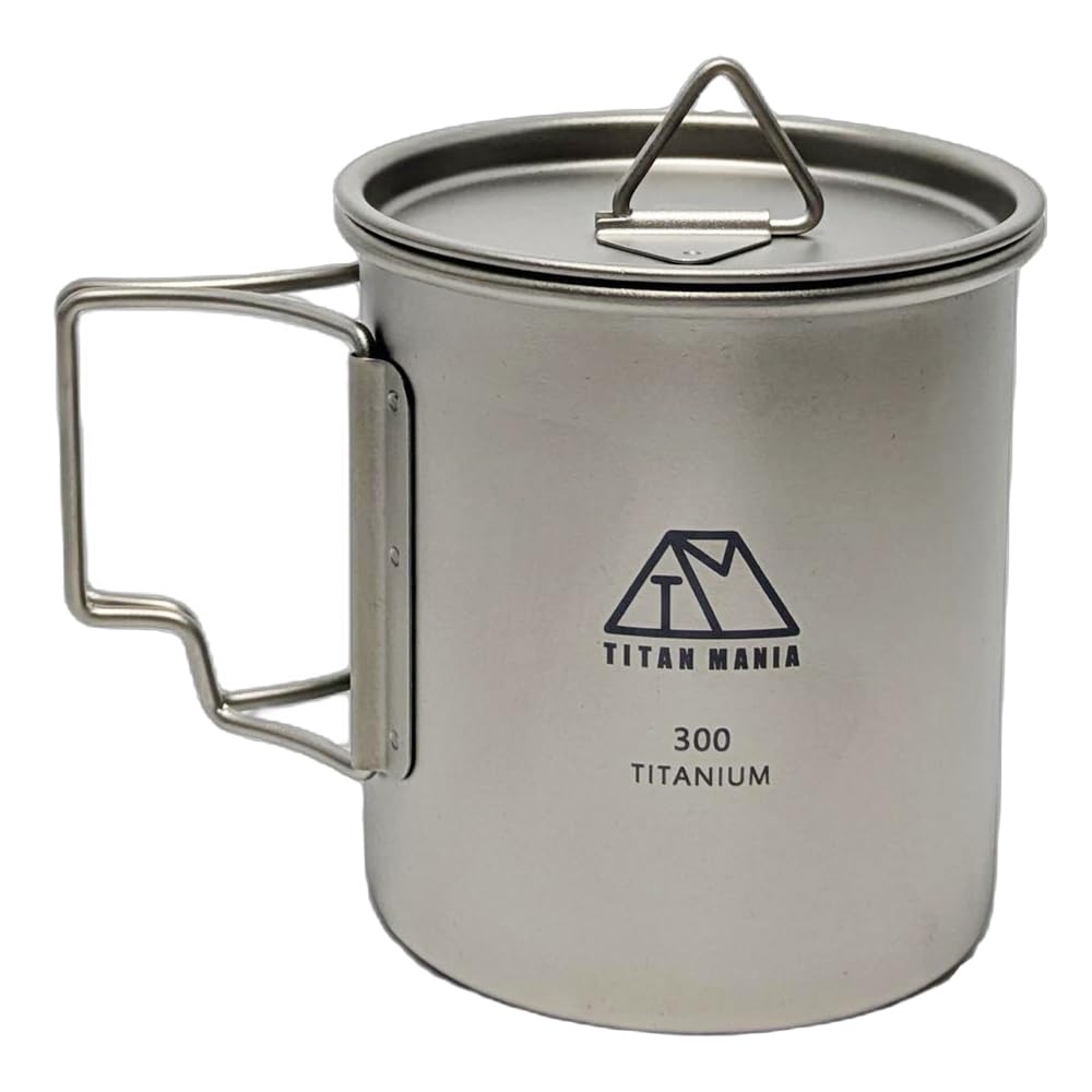 TITAN MANIA Titanium Mug 10oz with Lid Folding Handle Direct Fire Camping