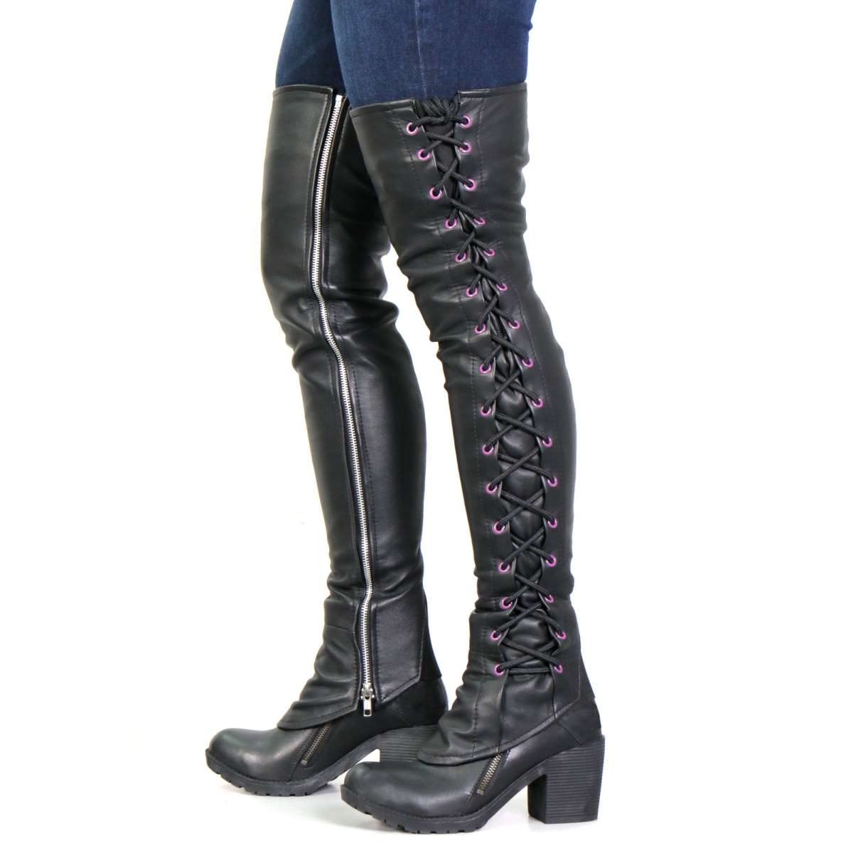 Hot Leathers LCU1004 Ladies Black Lambskin Leather Leggings with Purple Side Lace - 3X-Large