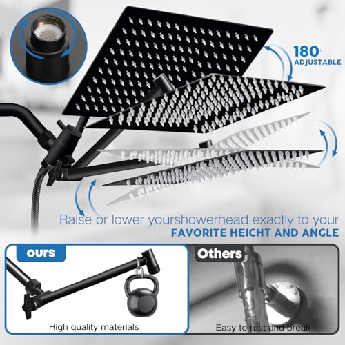 Image of Shower Head,12 inch High Pressure Shower Combo,Rainfall Shower System with Handheld Spray,All Metal 3-Way Diverter & 6ft Hose,Anti-Clog Nozzles,Easy to Install in Bathrooms-Black