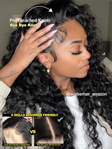 Image of Sunber Water Wave Bye Bye Knots Glueless Human Hair Wig 7x5 HD Lace 16inch | Pre Cut Lace Front Wig Pre Plucked Pre Bleached Knots Drawstring Wear and Go Wig with 4C Edges Ready to Go for Women