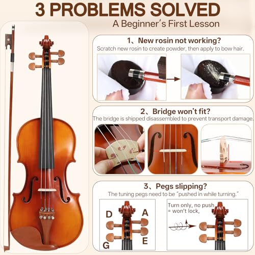 Image of Kmise Teacher Approved 3 /4 Size Violin Starter Kit for Adults Beginners Students, Tough Jujube Wood Acoustic Violins, Fiddle Bundle with Case, Bow, Rosin, Strings, Shoulder Rest & Guide