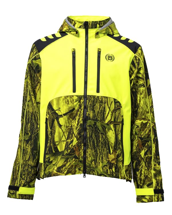 Giacca Tiger da Caccia Mimetica, Softshell Impermeabile con Cappuccio Removibile, Design a Due Tonalità,Verde Militare e Giallo Alta Visibilità
