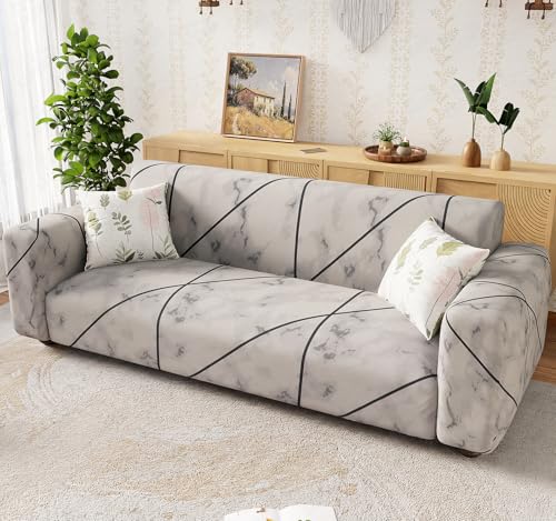 Image of Lukzer 2 Seater Grey Marble Universal Sofa Cover | 360 Fully Covered Anti-Slip Washable Couch Cover Protecter | 140 GSM Stretch Fit Polyester + Spandex Slipcover (140-180cm /SC-039-02)