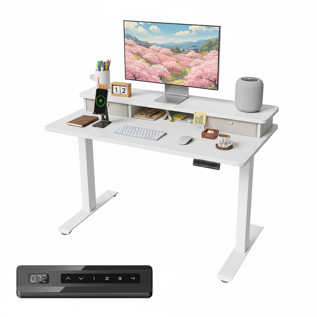 FEZIBO Height Adjustable Electric Standing Desk with Double Drawer, 100 * 60cm Stand Up Table with Storage Shelf, Sit Stand Desk with Splice Board, White Frame/White Top