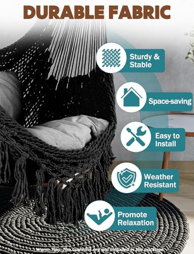 Image of Chihee Hammock Chair Handmade Woven Mesh Hanging Seat Metal Spreader Bar | Cotton Blended Rope Hanging Chair Ventilated Soft-Spun Large Stretch Hammock Swing, Elegant Macrame Indoor Outdoor Garden