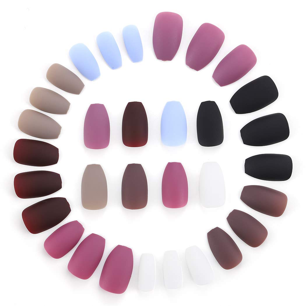 Sethexy Matte Coffin False Nail 8 Packs (192 Pcs) Solid Color Press on Nails Medium Ballerina Fake Nails for Women and Girls