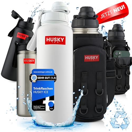 HUSKY ICE Botella de acero inoxidable con bolsa de transporte gratuita, 1,2 L, sin BPA, a prueba de fugas y con ácido carbónico, termo para hacer deporte, escuela, exteriores (edición blanca)