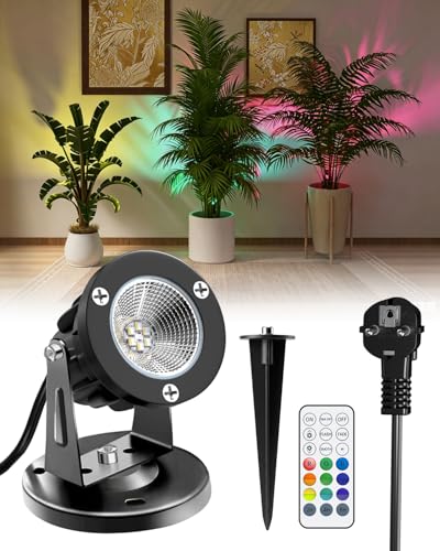 TobeBright RGB LED Spot avec Télécommande, IP65 Spot LED Extérieur et Intérieur, Lampe Projecteur à Couleurs Changeantes pour Plantes avec Base et Piquet,...