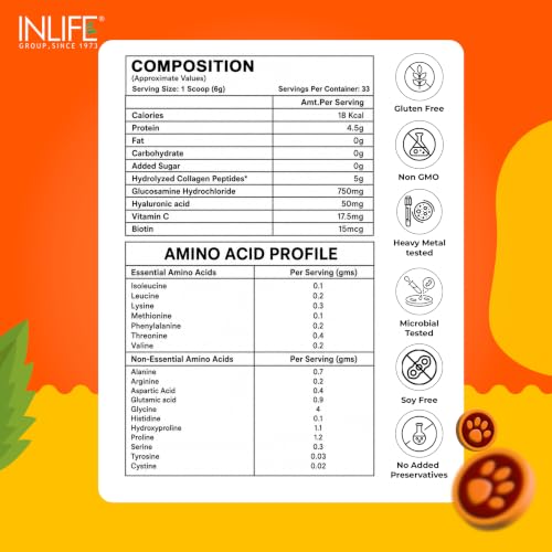 Image of INLIFE Collagen for Dogs & Cats | Hydrolysed Collagen Powder | Clinically Proven Ingredient with Biotin, Vitamin C, Hyaluronic Acid & Glucosamine | Pet Supplement (Orange)
