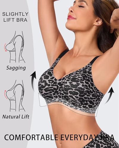 Image of Gailife Deep V Bras for Women No Underwire Wireless Push Up Bra Seamless Plunge Bralette Comfort Supportive Bra Full Coverage -Nightfall-Leopard,L